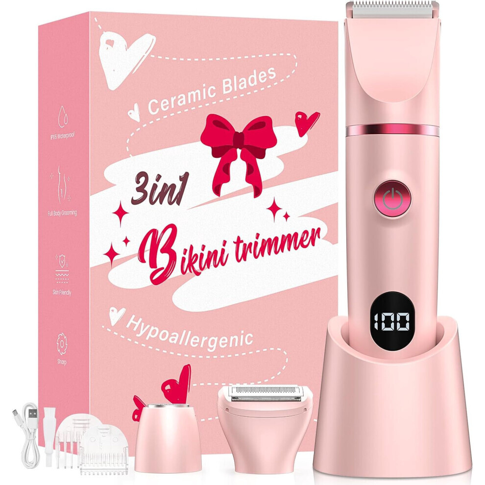 3-in-1 Womenâs Electric Trimmer, Cordless Hair Removal Device with LED Display (Pink) (Pink)