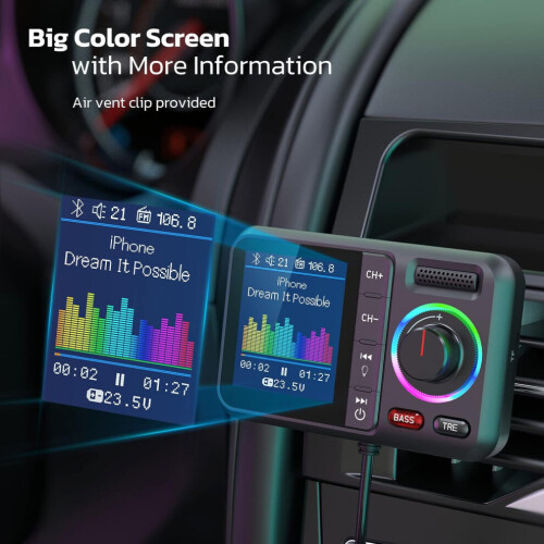 Bluetooth FM Transmitter for Car, Wireless Car Bluetooth V5.0 Adapter with Screen, Hands-Free Call(Black) 1