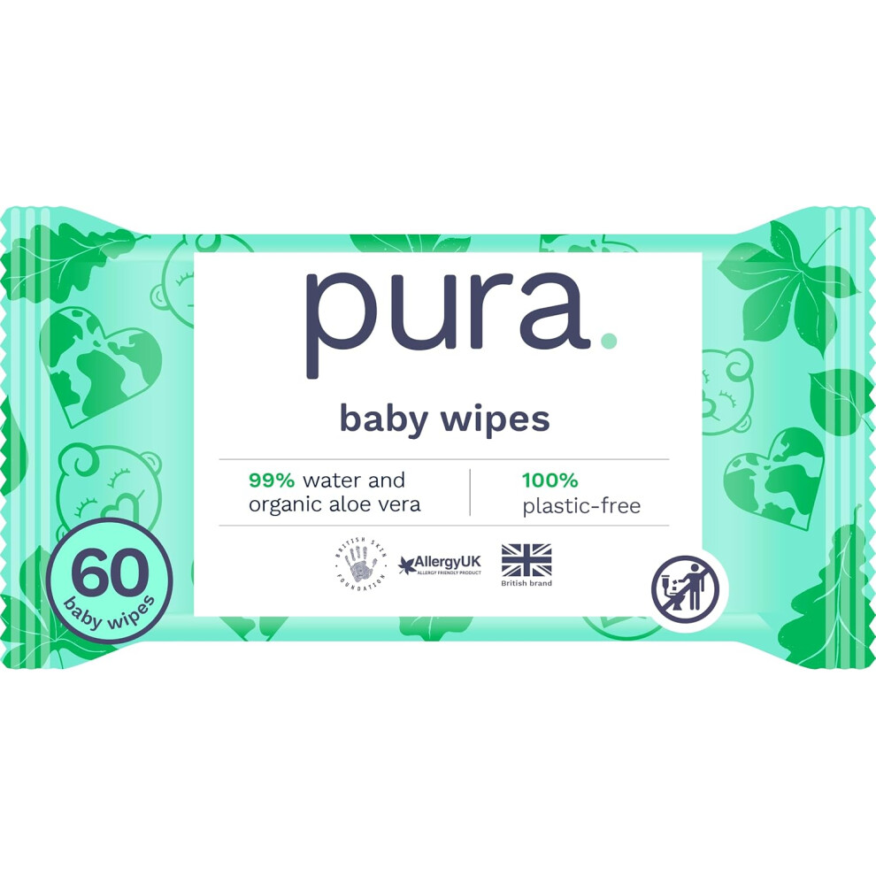 Pura Eco Friendly Baby Wipes, 99% Water, 100% Plastic Free, Biodegradable, Compostable, Vegan, Suitable For Sensitive, Eczema Prone And Newborn Skin Pura Store