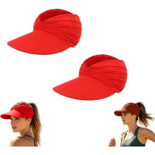 (Red_2pcs, color_name) Damen Sonnenhut mit UV-Schutz 50+, leicht & faltbar, Ponytail Cap für Sport & Strand, Outdoor Kopfbedeckung
