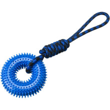 (Blue 1, -) Piepend hondenspeelgoed, ring met touw, kauw bestendig - voor puppy tanden en verveling, blauw