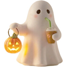 (size_name, 3.94 Inch) Halloween Geist Kürbis Deko, 14 cm Resin Figur mit Laterne & Getränk, gruselig (3,94 Zoll)