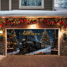 (Black_B, -) Kerst garage deur banner, Santa en trein, zwart - 2x5 m voor buiten