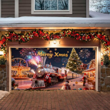 (Gold, -) Kerst garage deur banner, Santa en trein, zwart - 2x5 m voor buiten