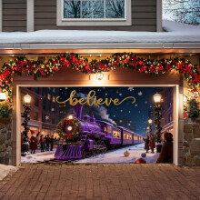 (Purple, -) Kerst garage deur banner, Santa en trein, zwart - 2x5 m voor buiten