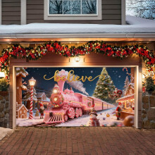 (Pink, -) Kerst garage deur banner, Santa en trein, zwart - 2x5 m voor buiten