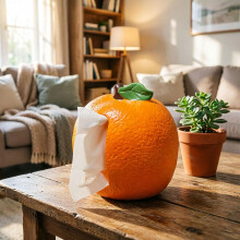 (Orange, -) Obal na krabičku v tvare pomaranča, 3D realistické ovocie, vtipný do obývačky