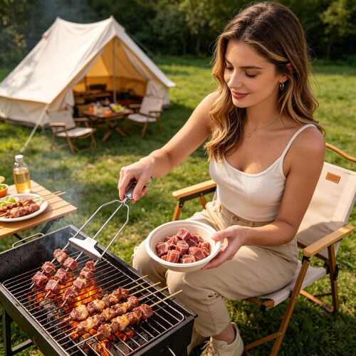 (Orange#2pcs+Brush, -) 3 brochettes barbecue, acier, poussoir 2
