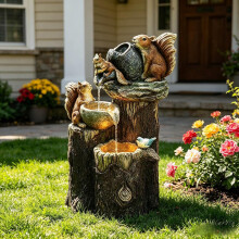 (Squirrel, -) 11.8" Solar Outdoor Fountain with 4-Tier Rustic Jugs and Rock, Squirrel and Duck Theme Garden Water Fountain with Lights