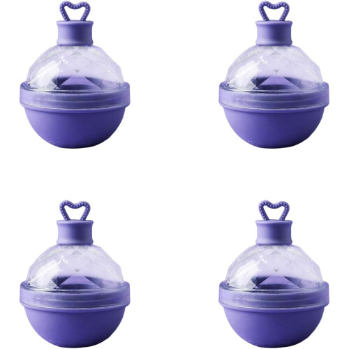 (Purple, -) 4 Καλούπια Πάγου, Σιλικόνη, Σφαιρικά, Με Καπάκι