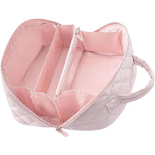 (Pink, -) Travel Cosmetic Bag for Women, 180 Wide Open Lay-Flat Toiletry Organizer, Waterproof Quilted Design with Multiple Compa
