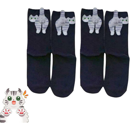 (Black, color_name) 2 Ζευγάρια Κάλτσες Γάτας με Pom Pom, 3D, Αστείες