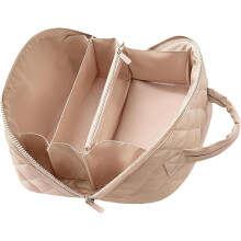 (Khaki, -) Travel Cosmetic Bag for Women, 180 Wide Open Lay-Flat Toiletry Organizer, Waterproof Quilted Design with Multiple Compa