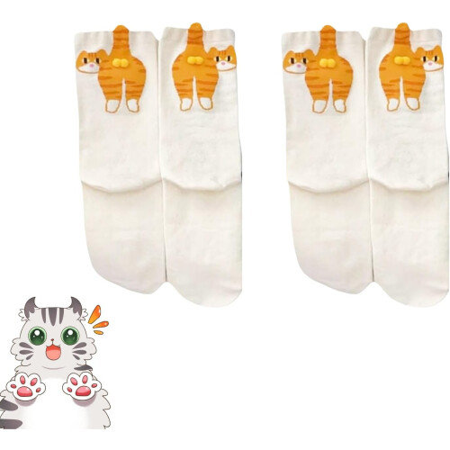 (White, color_name) 2 Ζευγάρια Κάλτσες Γάτας με Pom Pom, 3D, Αστείες