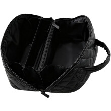 (Black, -) Travel Cosmetic Bag for Women, 180 Wide Open Lay-Flat Toiletry Organizer, Waterproof Quilted Design with Multiple Compa