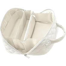 (White, -) Travel Cosmetic Bag for Women, 180 Wide Open Lay-Flat Toiletry Organizer, Waterproof Quilted Design with Multiple Compa