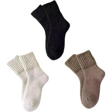 (Black+white+beige, color_name) 3 Pairs Thermal Mid-Calf Socks for Women, Soft Fluffy Wool Blend Socks, Thick Warm Socks for Cold Winter Days