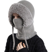 (Gray, color_name) 3-in-1 Beanie für Damen, Strickbalaclava mit Schal & Maske