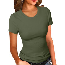 (Olive Green, X-Large) Women's Crew Neck Ribbed Fitted Shirt Basic Short Sleeves Summer T Shirt Tops(White M)