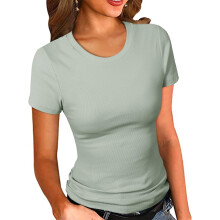 (Light Green, Small) Women's Crew Neck Ribbed Fitted Shirt Basic Short Sleeves Summer T Shirt Tops(White M)