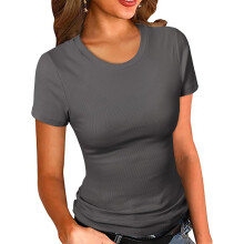 (Charcoal, Medium) Women's Crew Neck Ribbed Fitted Shirt Basic Short Sleeves Summer T Shirt Tops(White M)