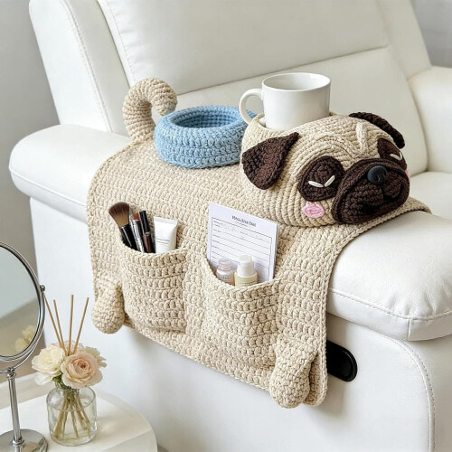 (C, -) Οργανωτής Armrest Καναπέ, Crochet, 2 Τσέπες, 1 Θήκη Ποτηριού