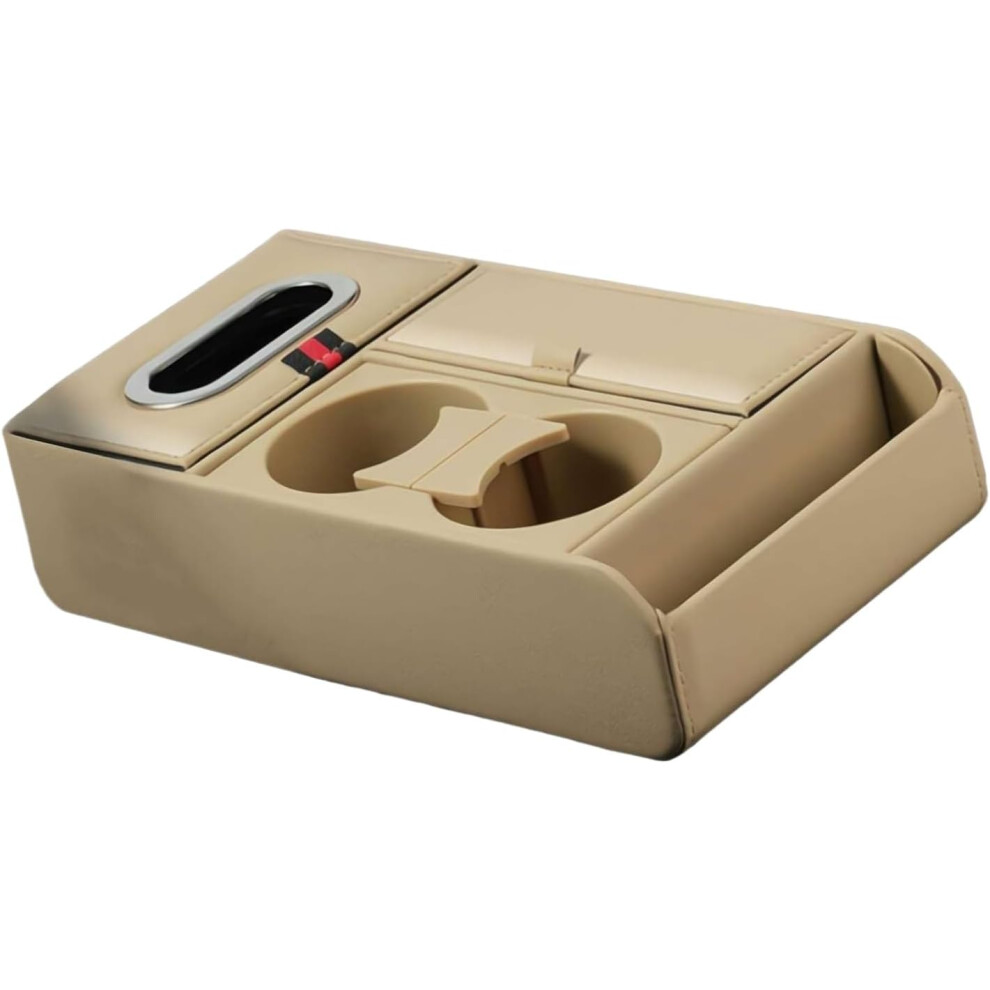 (, -) Universal Car Armrest Storage Box - Multi Compartment Center Console Organizer With Cup Holder Tissue Holder, Leather Au Beige 5437706723448