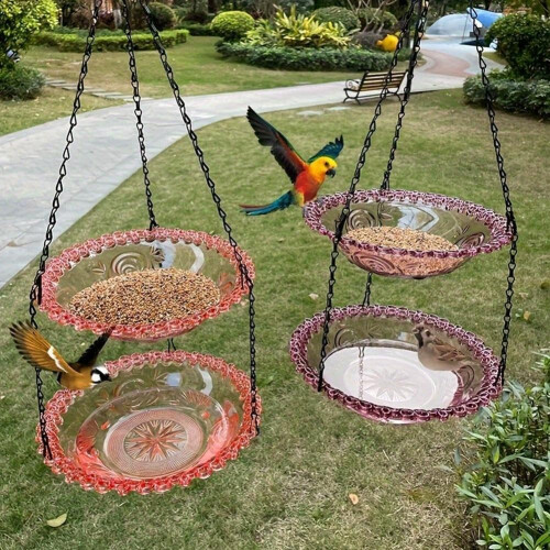 (Pink, 1pcs) Comedouro e Bebedouro 2 Níveis, Pendurar para Pássaros 1