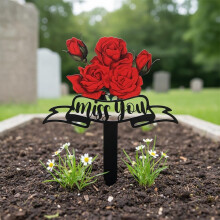 (Rose, 1pcs) Metal Cemetery Memorial Plaque for Remembrance,Red Cardinal Grave Marker with Cross and Miss You Script,Outdoor Ground S