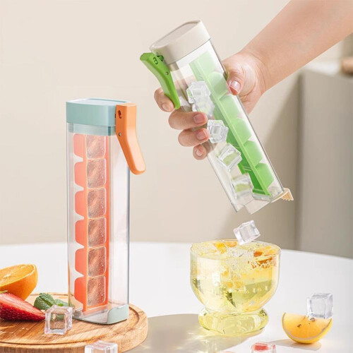 (Orange+Green, 2pcs) One Hand Press Ice Tray Mold, Square, 6 Grid, Cup 1