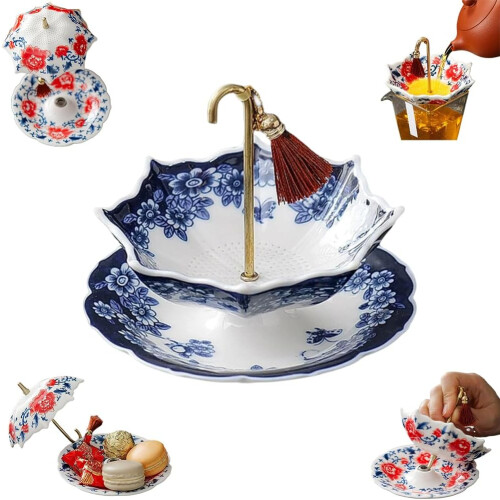 (Blue, 1set) Umbrella Shape Ceramic Tea Strainer, Blue & White