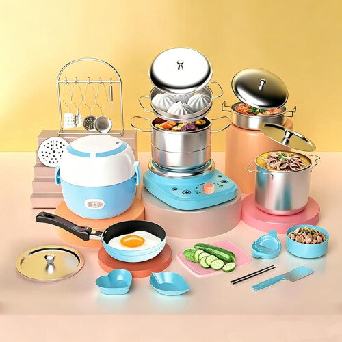 (Blue, One size) Mini Kitchen Real Cooking Set, Electric Stove, Educational