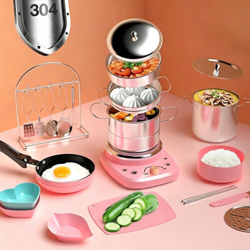 (Pink, One size) Mini Kitchen Real Cooking Set, Electric Stove, Educational