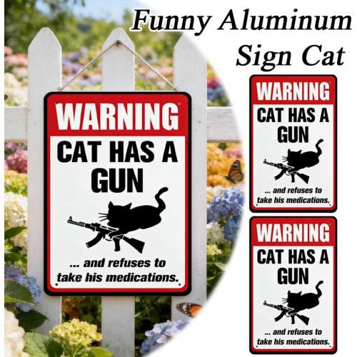 (cat, 8 × 5.5 inches) Letrero "cuidado gato", divertido con arma. 1