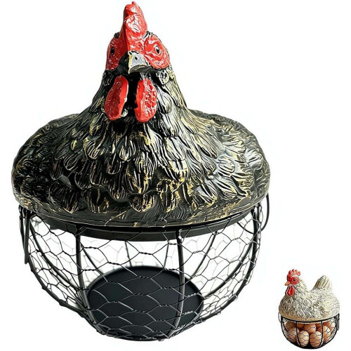(Black, 1pcs) Coș ouă metalic cu capac ceramic pui