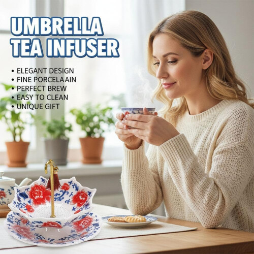 (Red, 1set) Umbrella Shape Ceramic Tea Strainer, Blue & White 2