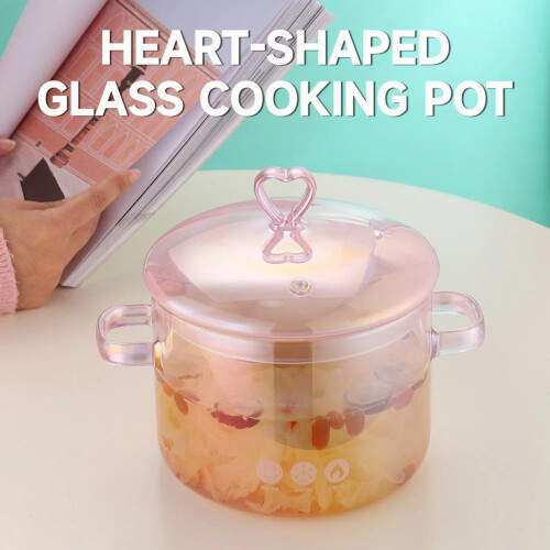 (Pink, 1.6 Quarts) Olla cocina vidrio iridiscente, mango corazón. 1