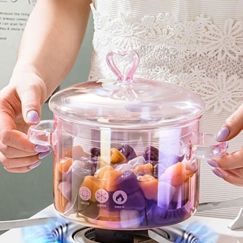 (Pink, 1.6 Quarts) Olla cocina vidrio iridiscente, mango corazón. 2