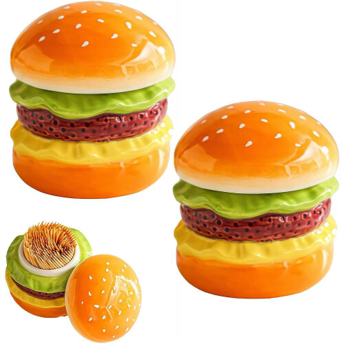 (Yellow, 2pcs) Ceramic Hamburger Toothpick Holder, with Lid, Kitchen Decor