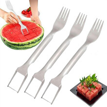 (Silver, 3pcs) 2-in-1 Stainless Steel Watermelon Slicer and Fork,Cutter Tool for Watermelon Mango Pitaya,Portable Kitchen Tool for Camp