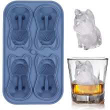 (Blue, French Bulldog) 3 Silicone Ice Cube Molds, Animal Shaped, Cat Dog Owl