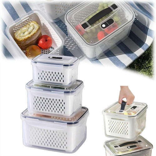 (S+M+L, 3Pcs) Fruit Storage Containers for Fridge, Removable Colander