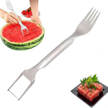 (Silver, 1pcs) Coupe-pastèque fourchette 2en1 inox, pour mangue pitaya, camping