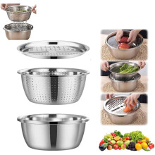 (28cm, 1set) Multifunktionales Edelstahl Schüssel Set, 4-in-1 Reibe & Abtropfsieb (26 cm)