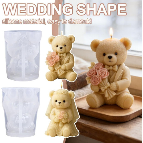 (Mix, 2pcs) 2 Silicone Candle Molds, 3D Wedding Bear, for Resin 1