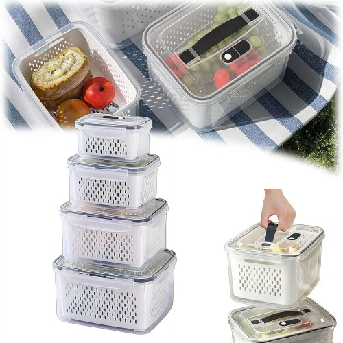 (S+M+L+XL, 4Pcs) Fruit Storage Containers for Fridge, Removable Colander