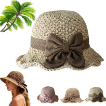 (Beige, color_name) Eleganter geflochtener Strohhut mit Schleife, breite Krempe, für Damen