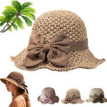 (Brown, color_name) Eleganter geflochtener Strohhut mit Schleife, breite Krempe, für Damen
