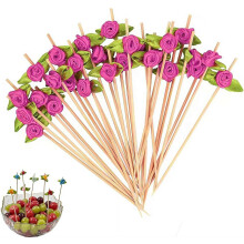 (Rose pink, 100pcs) 100 ks bambusových špízov na jedlo, ruža a kvetinový dizajn, na predjedlá a ovocie