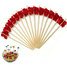 (Red Bow, 100pcs) 100 ks bambusových špízov na jedlo, ruža a kvetinový dizajn, na predjedlá a ovocie